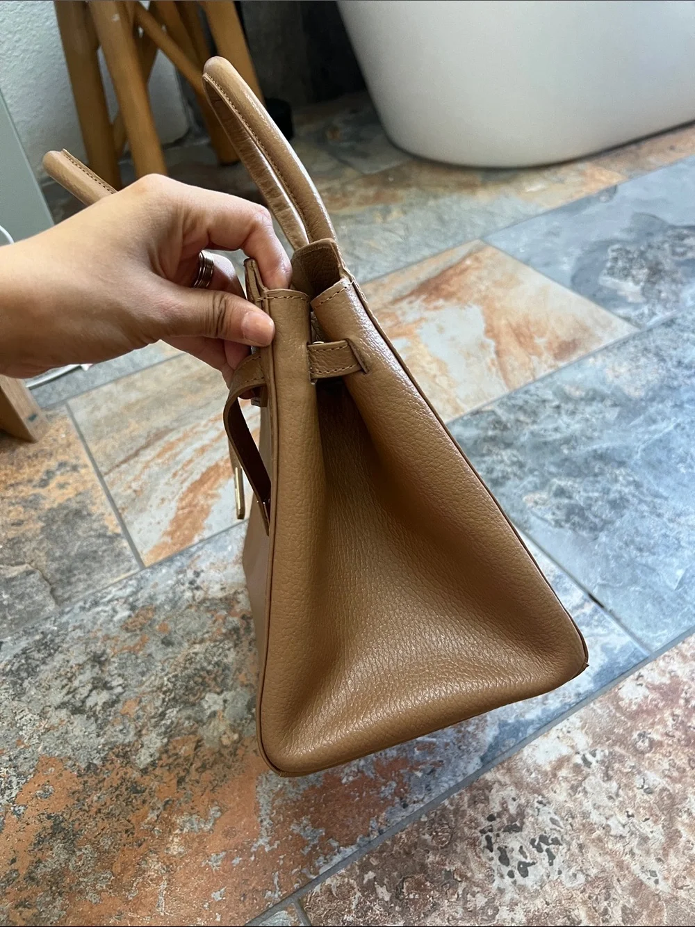 Classic Top-Handle Leather Satchel in tan